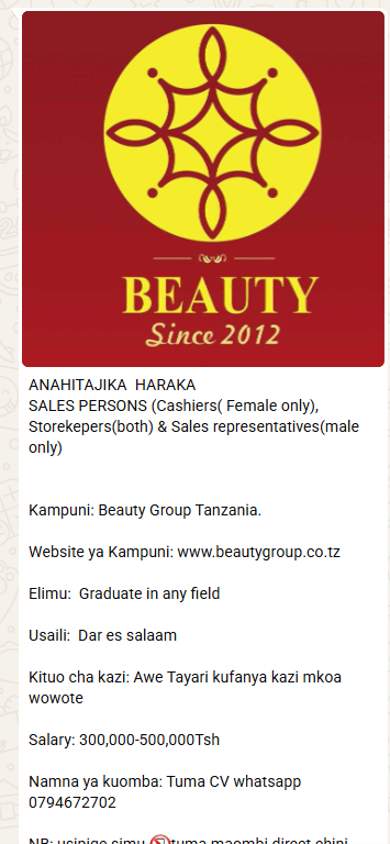 3 Sales Jobs at Beauty Group Tanzania (Cashiers, Storekeepers, Sales Reps) – November 2025 1 bg